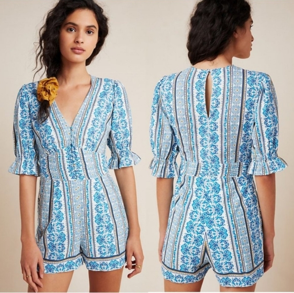 Farm Rio Blue Floral Romper for Anthropologie - Picture 1 of 10